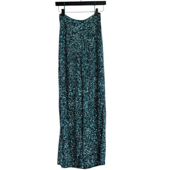 Retrofete Sequin Wide Leg Pants Teal - Picture 1 of 8